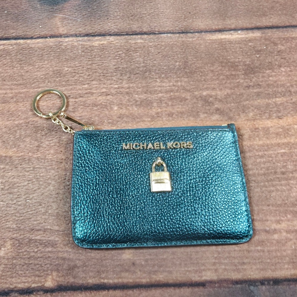 Michael Kors Card Holder Wallet Womens Teal Excellent Metallic Pebbled Leather